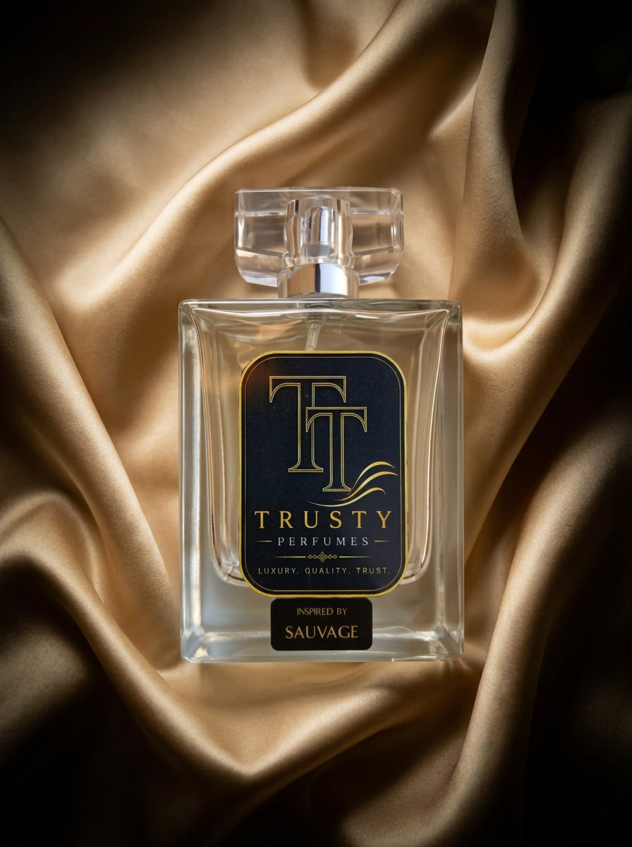 Trusty Perfumes bottle resting on flowing gold silk