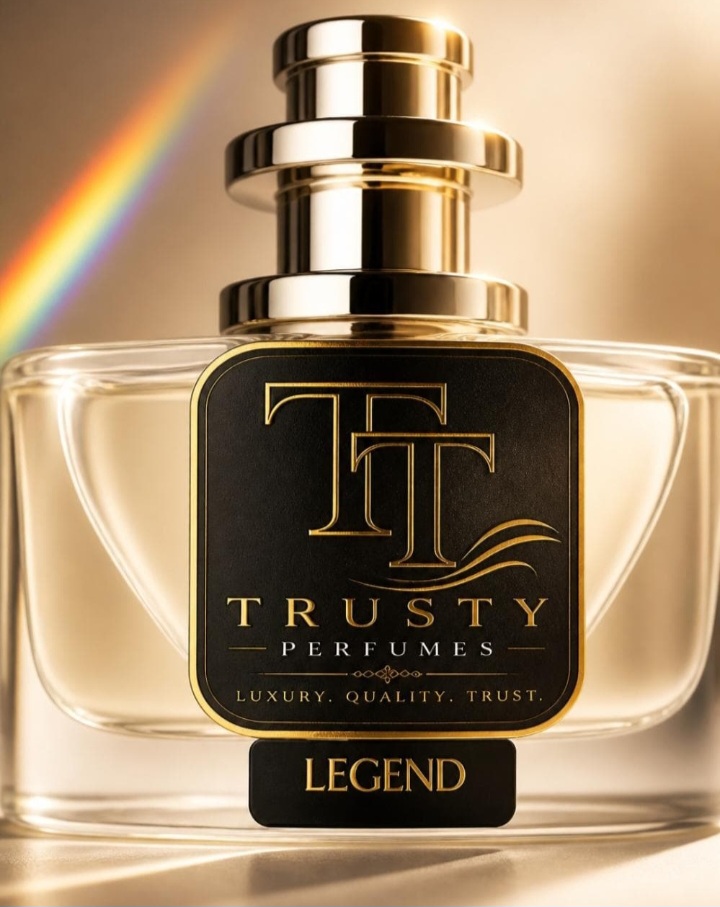 Trusty Perfumes Legend bottle with gold cap and TT monogram label