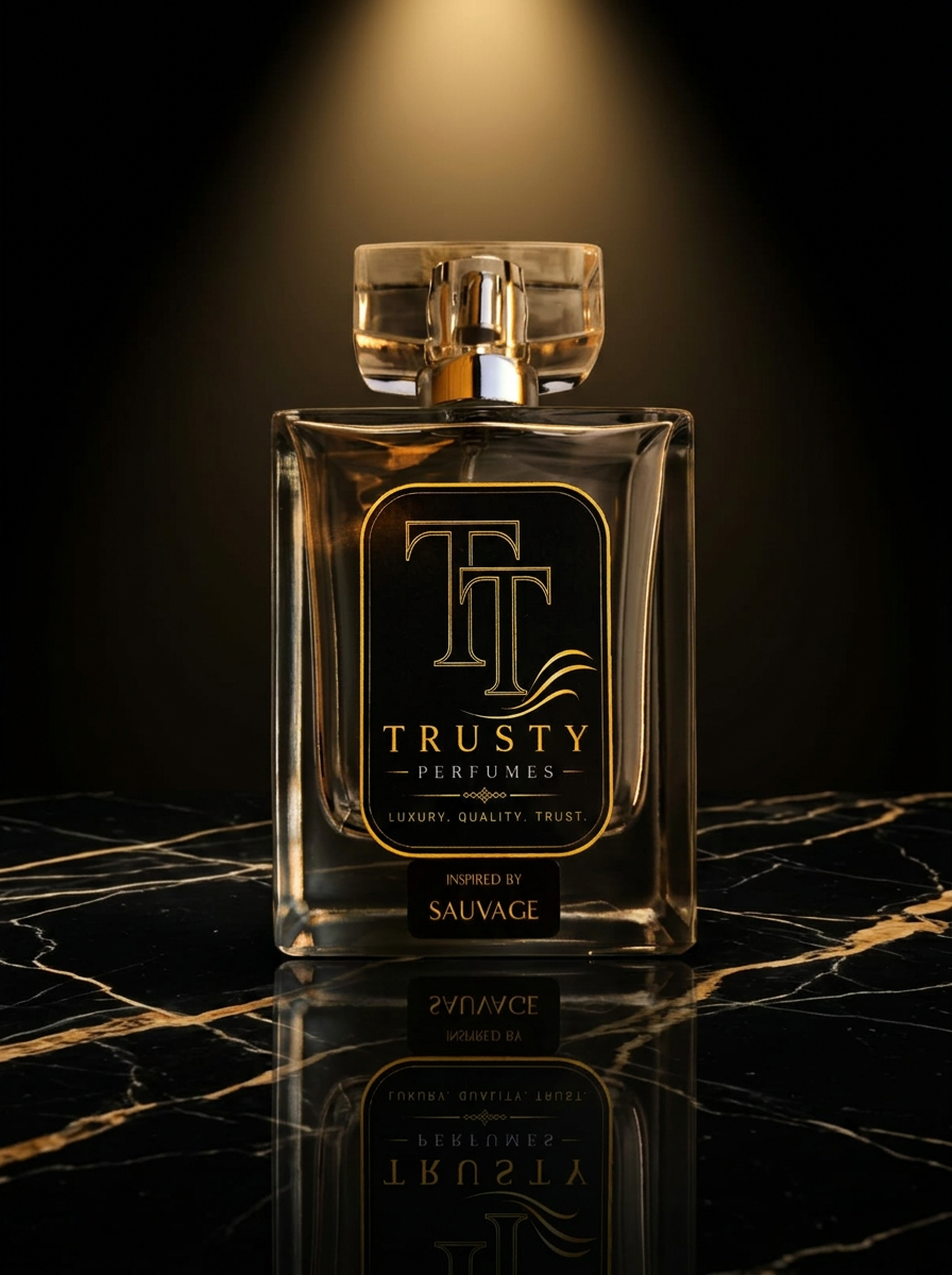Trusty Perfumes bottle on polished dark marble rotating in 360 degrees
