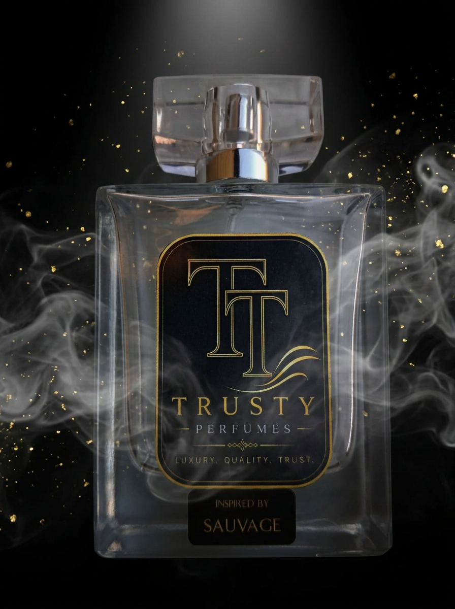 Trusty Perfumes bottle in drifting smoke with gold particles
