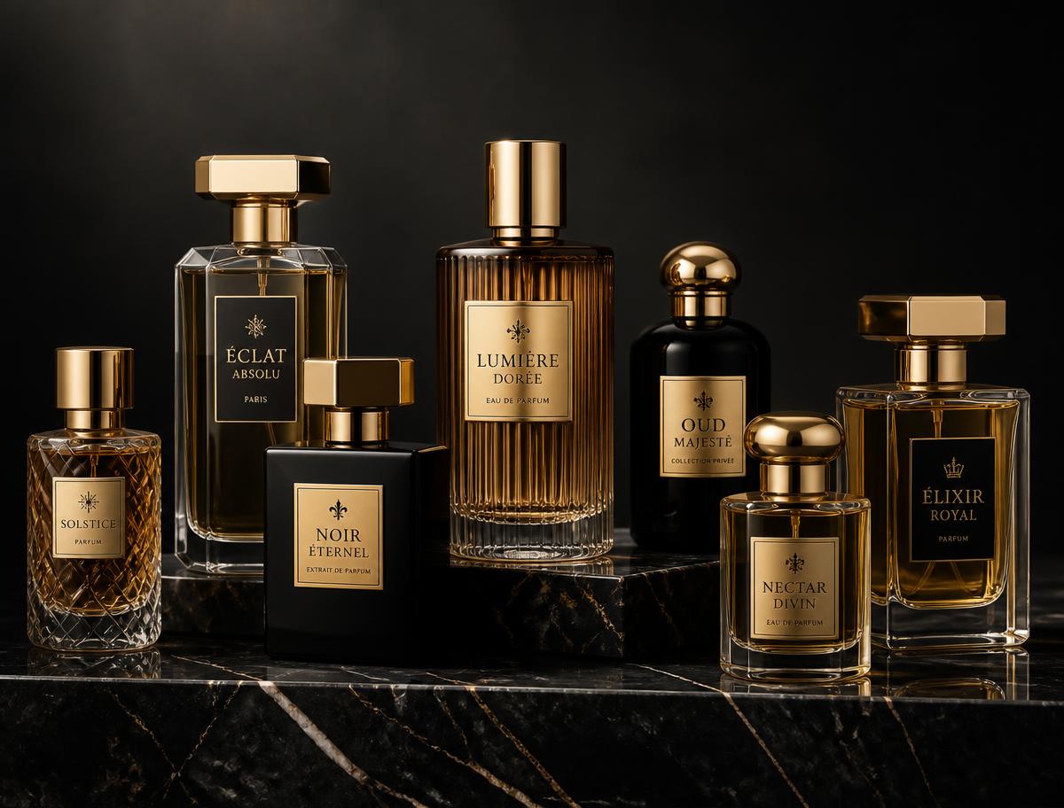 Collection of Trust Perfumes luxury bottles on black marble