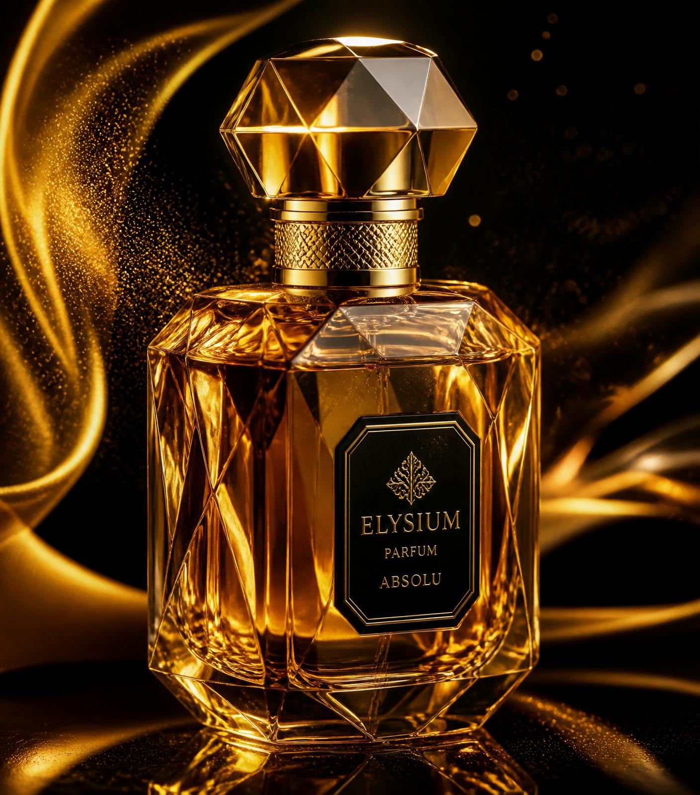 Faceted crystal luxury perfume bottle with gold cap surrounded by golden silk