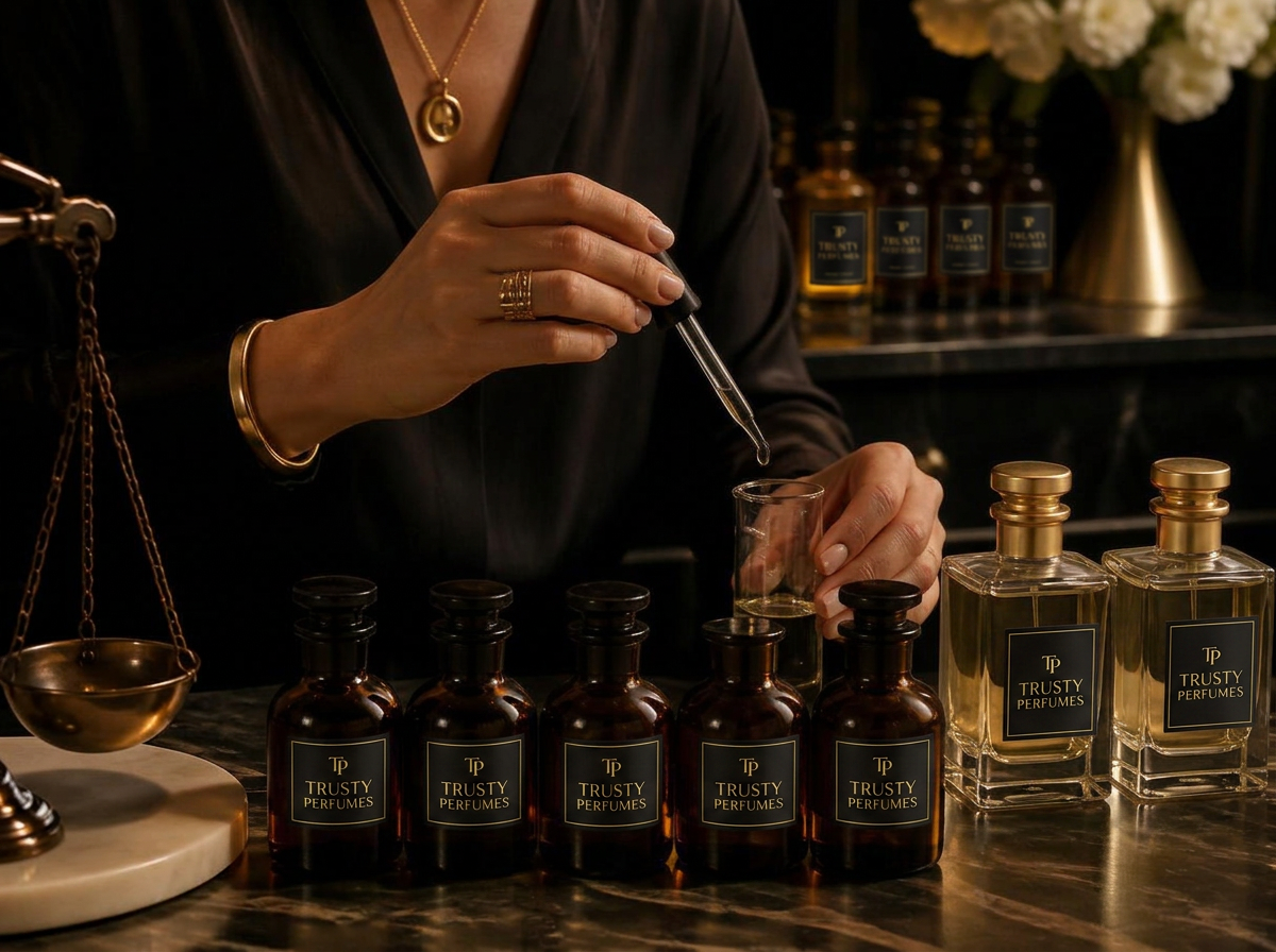 Perfumer blending fragrance oils in a luxury workshop