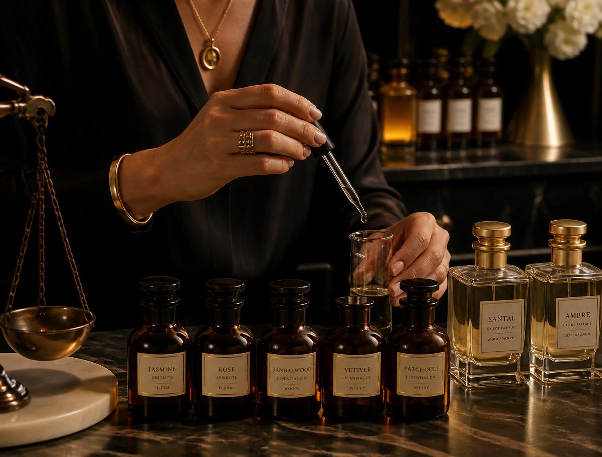 Perfumer blending fragrance oils in a luxury workshop
